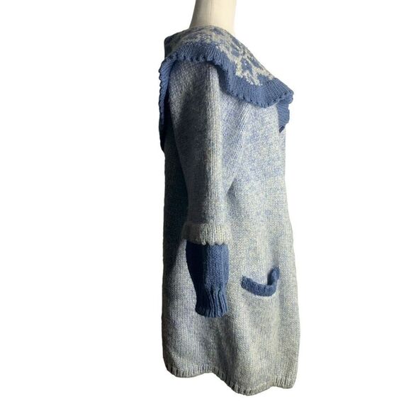 Vintage 80s Cardigan Sweater Jacket M Blue Chunky Knit Buttons Pockets Collared - Picture 5 of 5